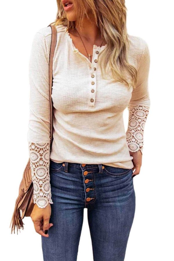 Beige Crochet Lace Hem Sleeve Button Top