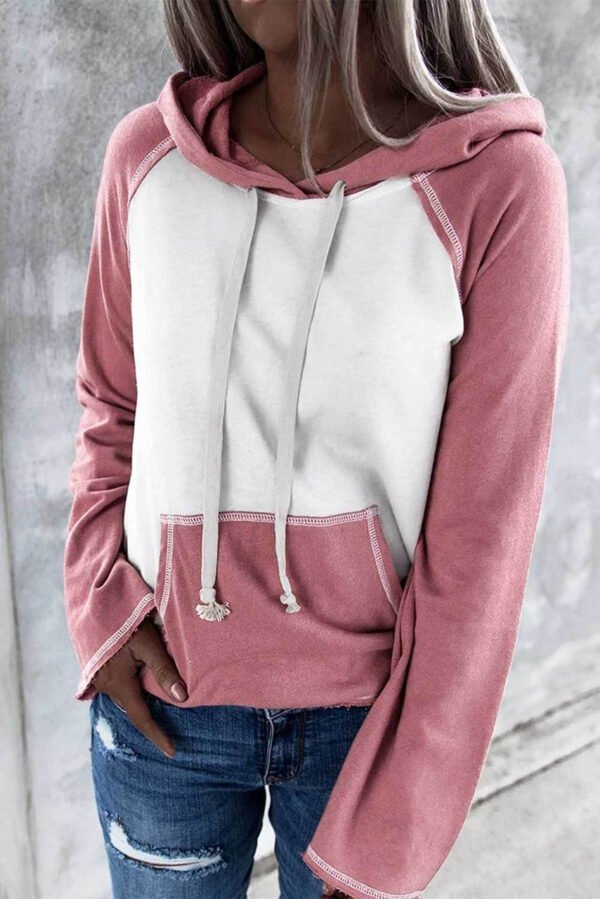 Frayed Hem Color Block Kangaroo Pocket Hoodie