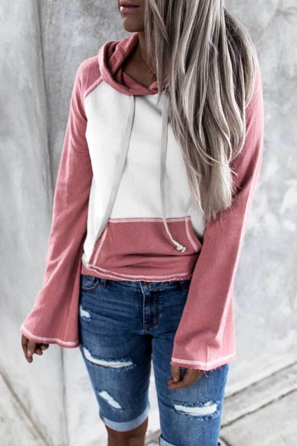 Frayed Hem Color Block Kangaroo Pocket Hoodie