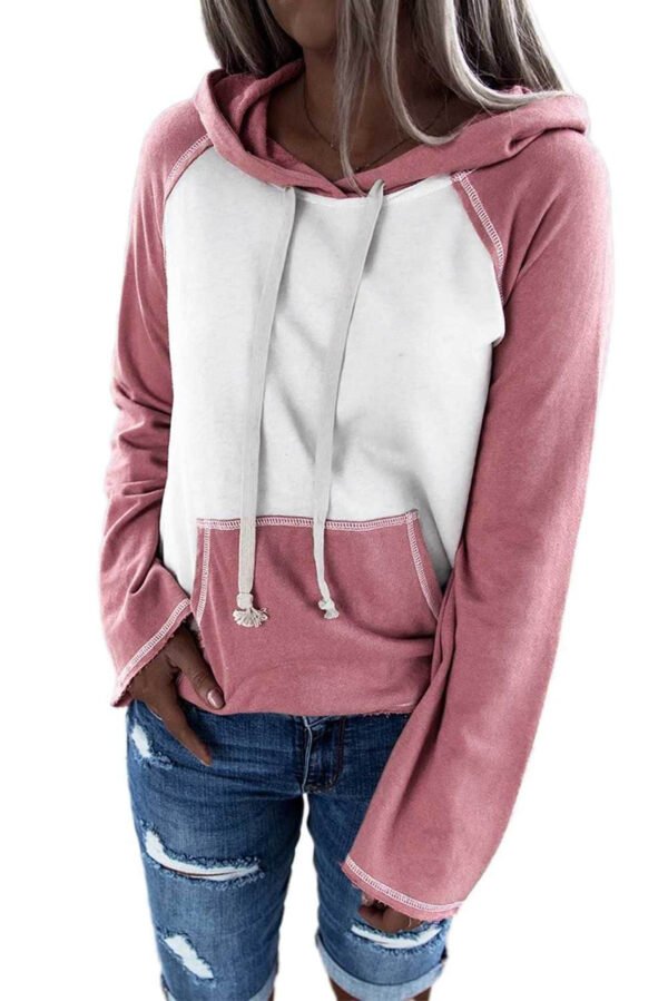 Frayed Hem Color Block Kangaroo Pocket Hoodie