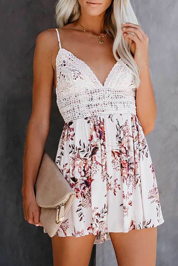 Deep V Spaghetti Straps Lace Floral Romper