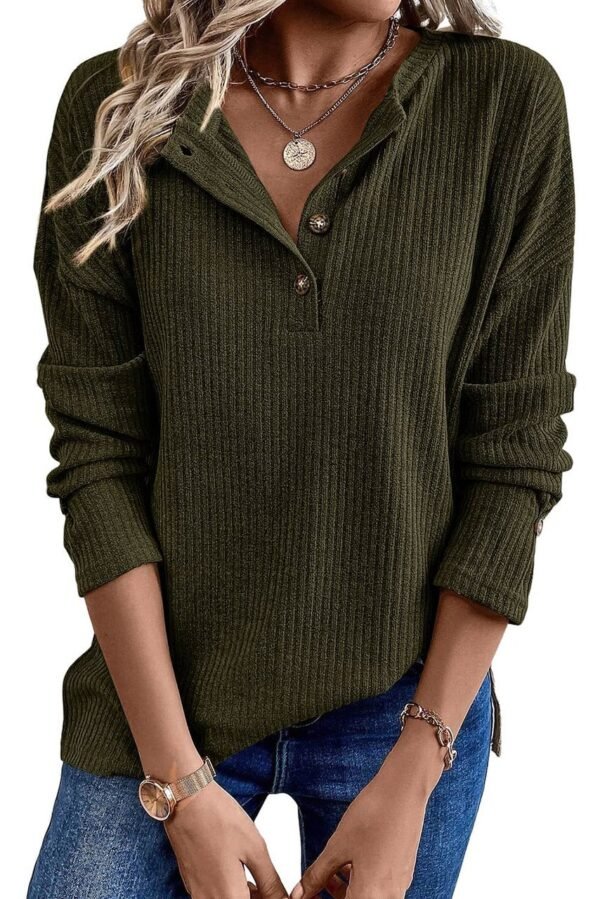 Jungle Green Rib Textured Henley Knit Top