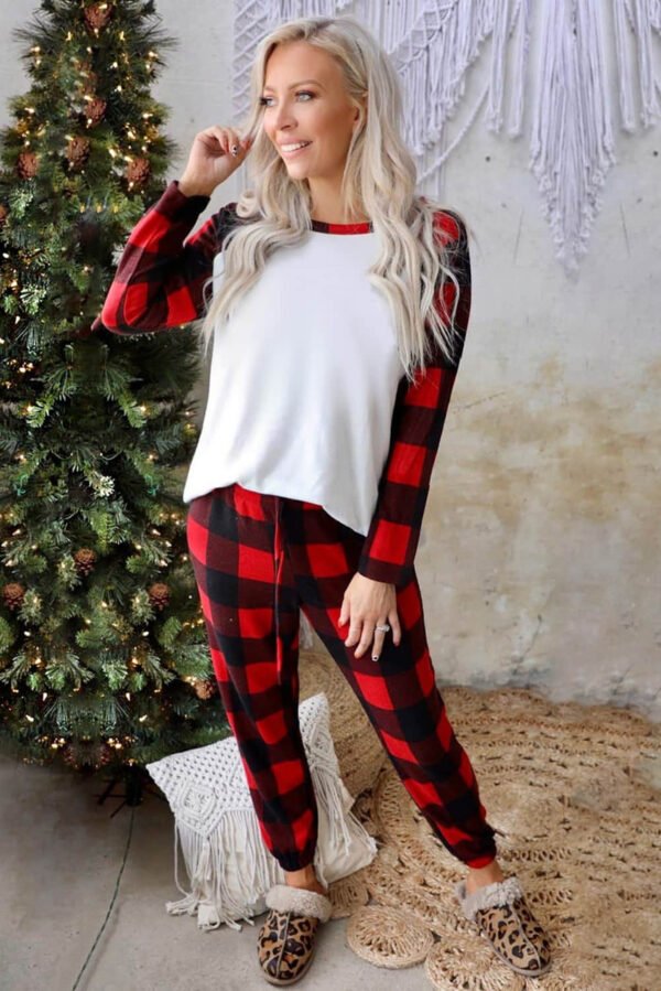 Red Plaid Raglan Sleeves Top and Drawstring Pants Lounge Set