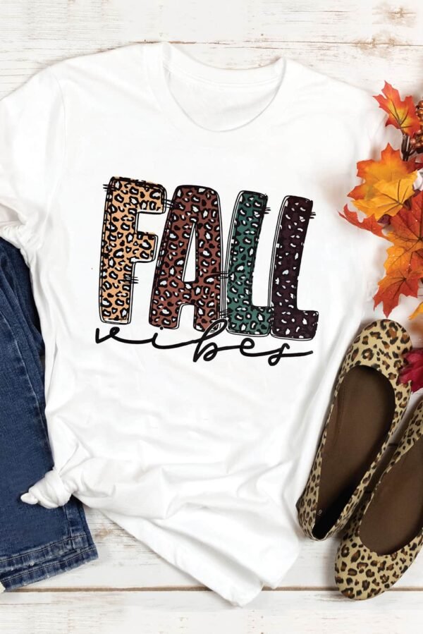 White FALL Vibe Leopard Print Crew Neck T Shirt