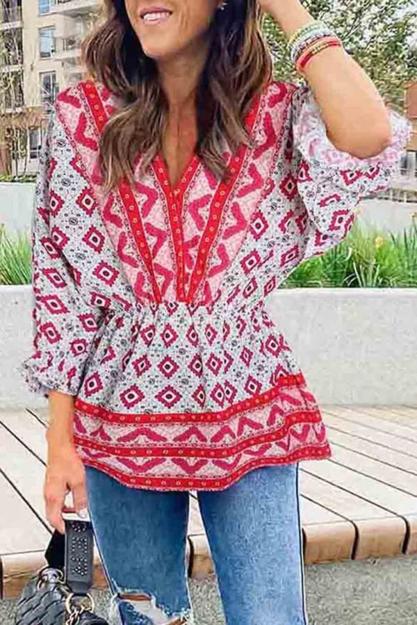 Red Geometric Print 3/4 Sleeve V-Neck Shirred Waist Flared Blouse