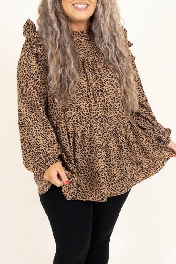 Leopard Frilled Shoulder Decor Plus Size Babydoll Top