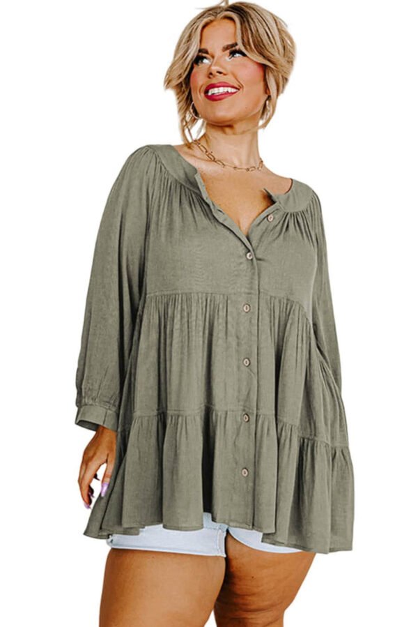 Green Plus Size Ruffle Tiered Split Neck Shirt