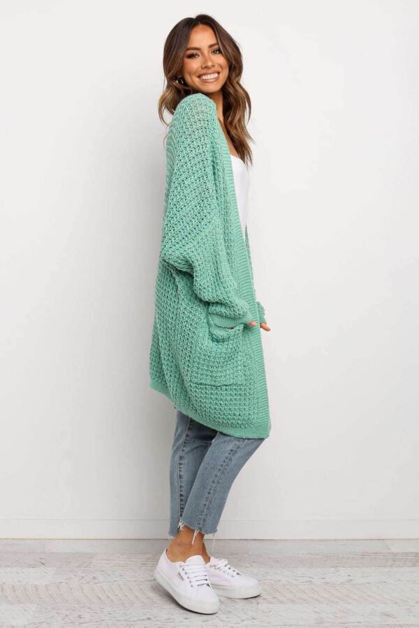 Green Long Line Open Front Knitted Cardigan with Pockets