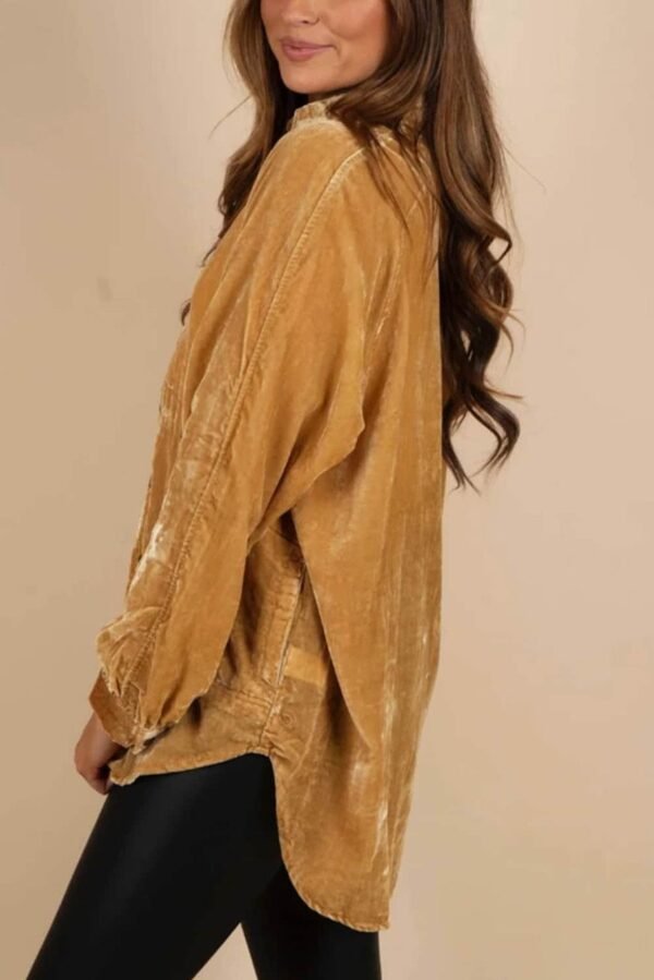 Gold Solid Color Button Up Loose Fit Velvet Shirt