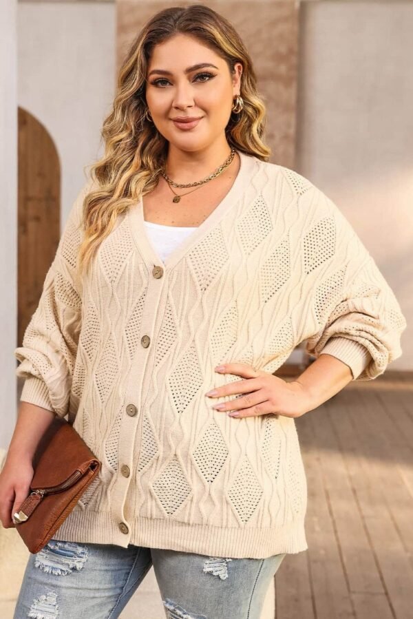 Apricot Plus Size Knitted Hollow out Button up Cardigan