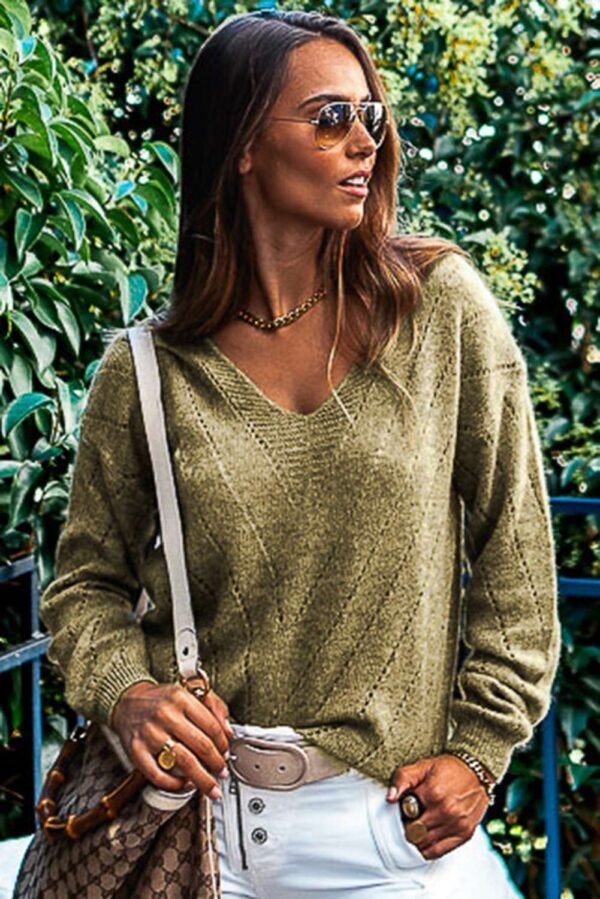 Sage Green Solid Eyelet Drop Shoulder V Neck Sweater