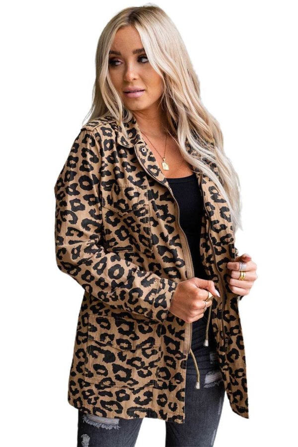 Brown Lapel Collar Zipper Drawstring Leopard Coat