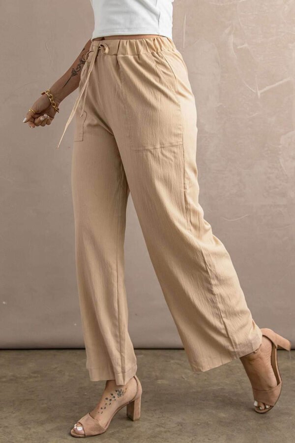 Khaki Drawstring Waist Crinkled Wide Leg Pants