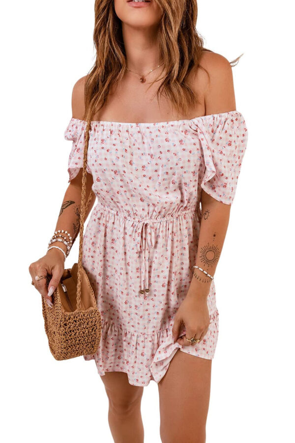 Pink Elastic Waist Ruffled Hem Floral Dress