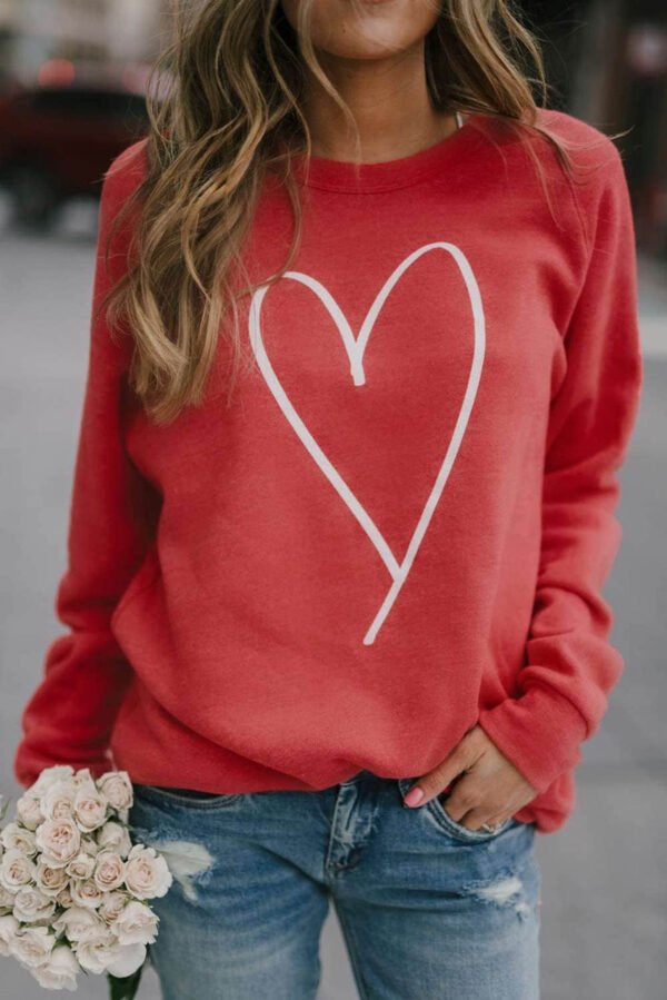 Red Heart Shape Print Long Sleeve Pullover Sweatshirt