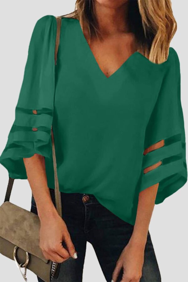 Green Flare Sleeve V Neck Loose Blouse