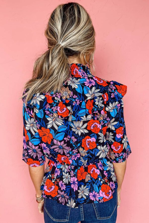 Blue Floral Print Ruffle Peplum Top