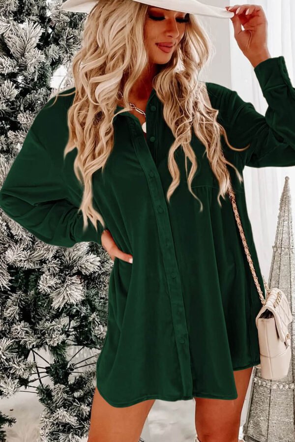 Blackish Green Velvet Button Front Shirt Mini Dress