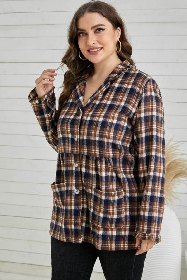 Plaid Print Button-up Turn Down Collar Plus Size Coat