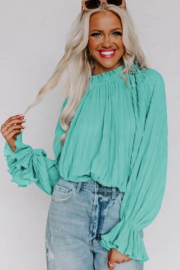 Green Striking Pleated Flared Cuff Long Sleeve Blouse