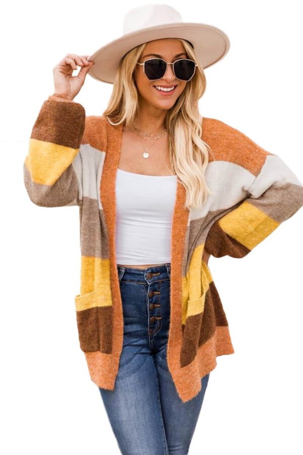 Open Front Pocketed Colorblock Cardigan