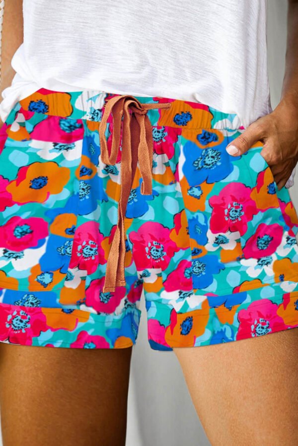 Multicolor Plus Size Abstract Floral Print Drawstring Shorts