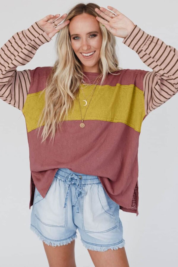 Red Colorblock Striped Bishop Sleeve Top