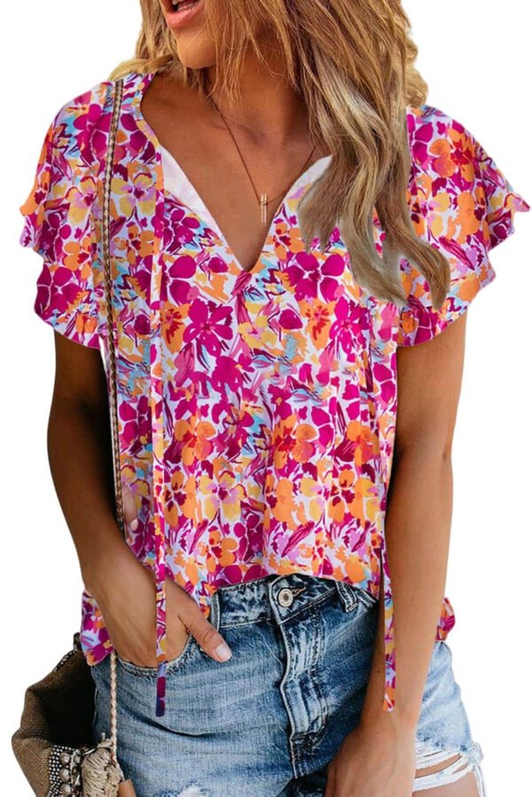 Red Flutter Sleeves Floral Print Top