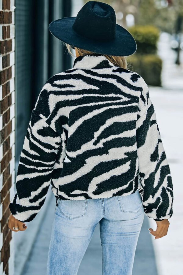 Black Zebra Teddy Zip-up High Neck Jacket