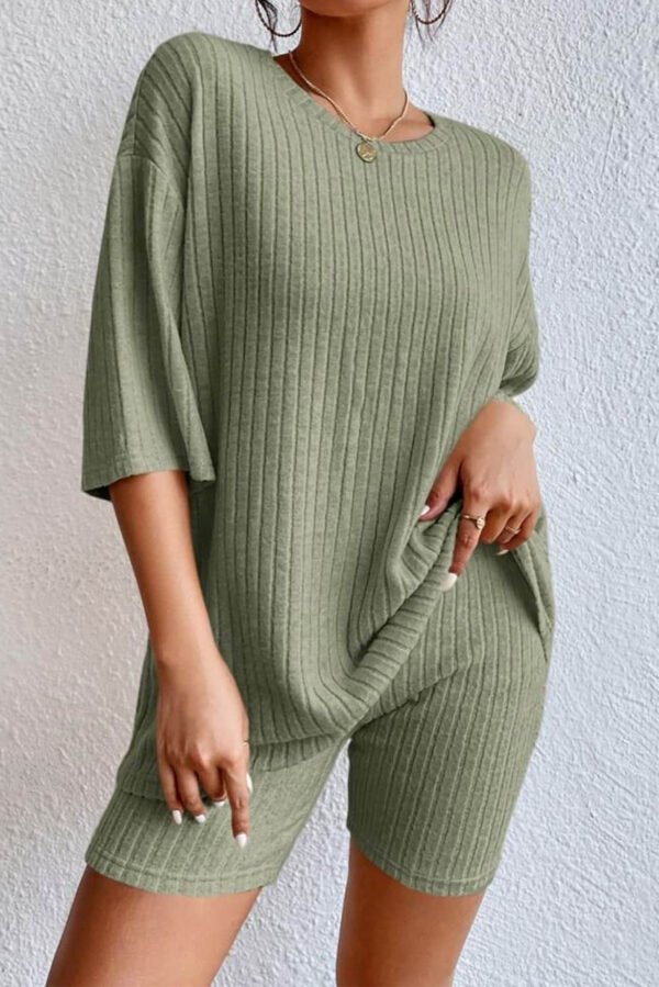 Green Plain Ribbed Loose Fit Two Piece Lounge Set