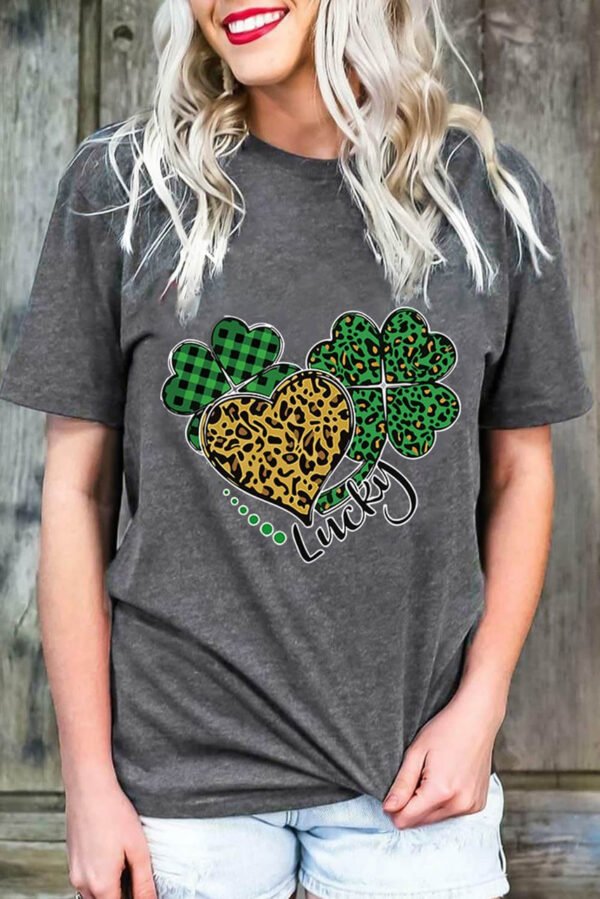 Gray Leopard Plaid Heart Clover Graphic Print Short Sleeve T Shirt