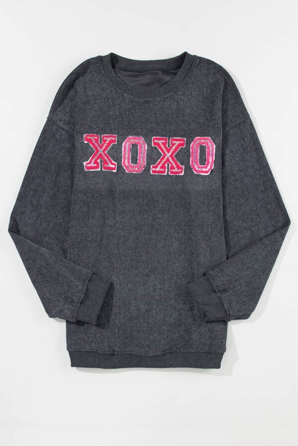 Gray Valentine Sequin XOXO Corded Crew Neck Sweatshirt