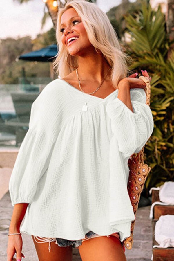 White Textured V Neck Bracelet Sleeve Babydoll Blouse