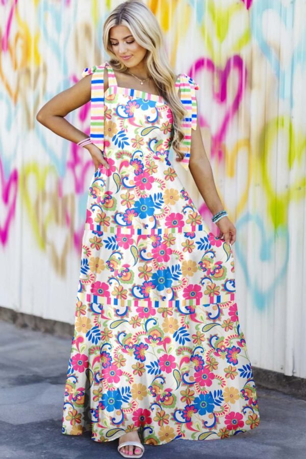 Rose Red Striped Trim Self-tie Straps Floral Maxi Dress