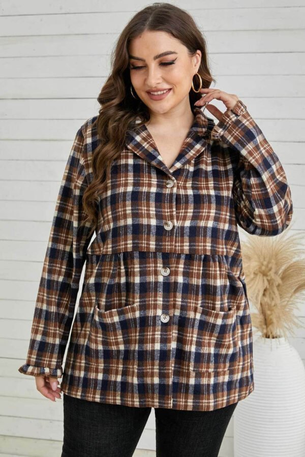 Plaid Print Button-up Turn Down Collar Plus Size Coat