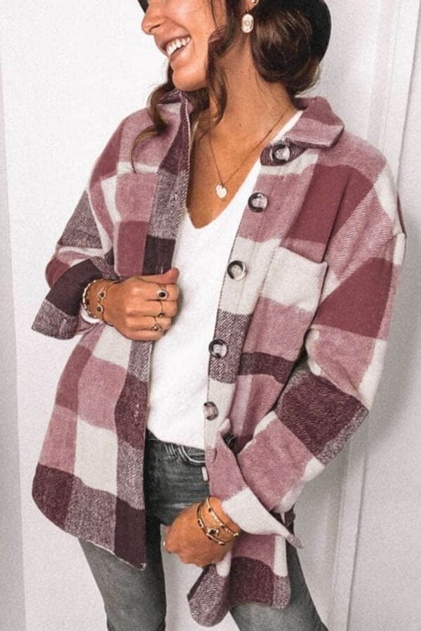 Plaid Color Block Buttoned Long Sleeve Jacket with Pocket