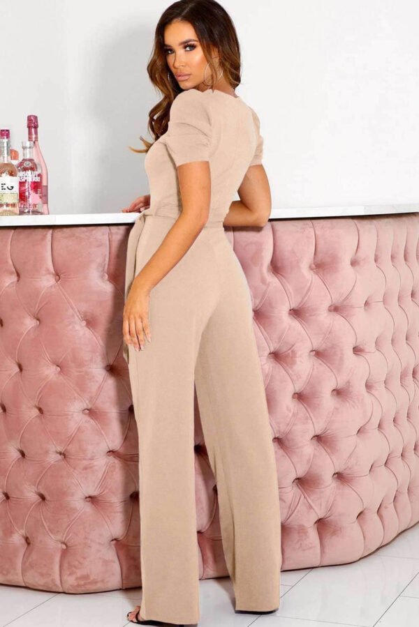 Apricot Straight Leg Knotted High Waist Short Sleeve Jumpsuit