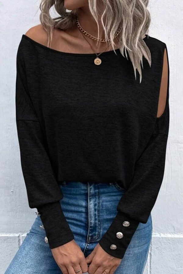 Black Asymmetrical Cut Out Buttoned Long Sleeve Top