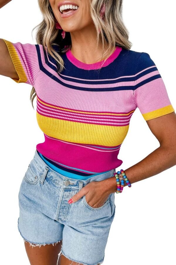 Pink Mixed Stripes Ribbed Knit Top