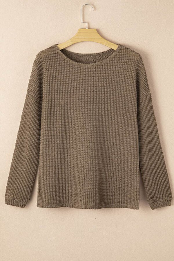 Dark Brown Waffle Knit Drop Shoulder Long Sleeve Top