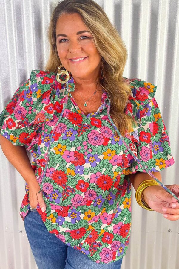 Multicolour Plus Size Floral Print Ruffle V Neck Bubble Sleeve Blouse