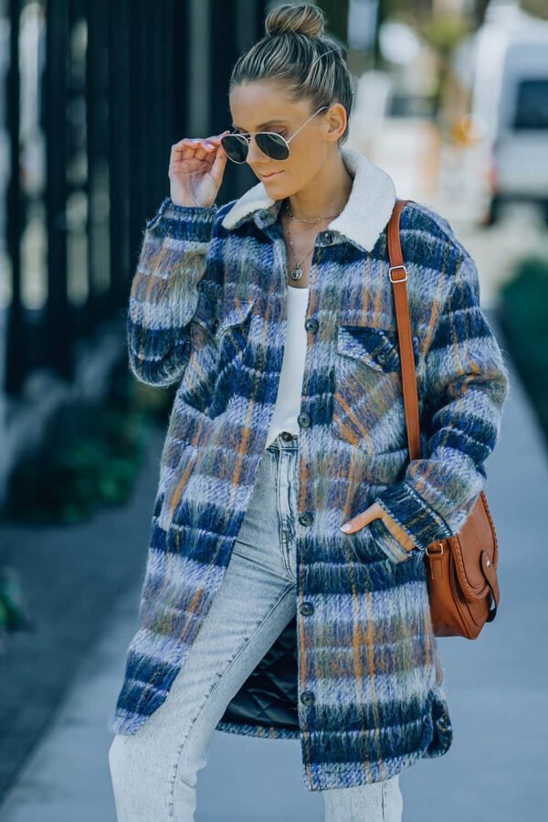 Multicolor Woolen Lining Plaid Brushed Long Coat