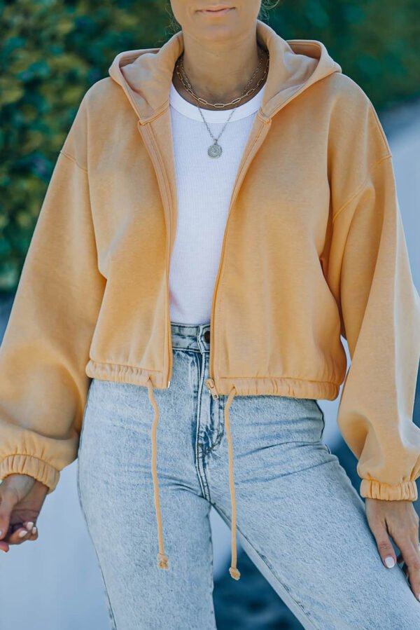 Yellow Zip Closure Drawstring Cinched Cropped Hoodie