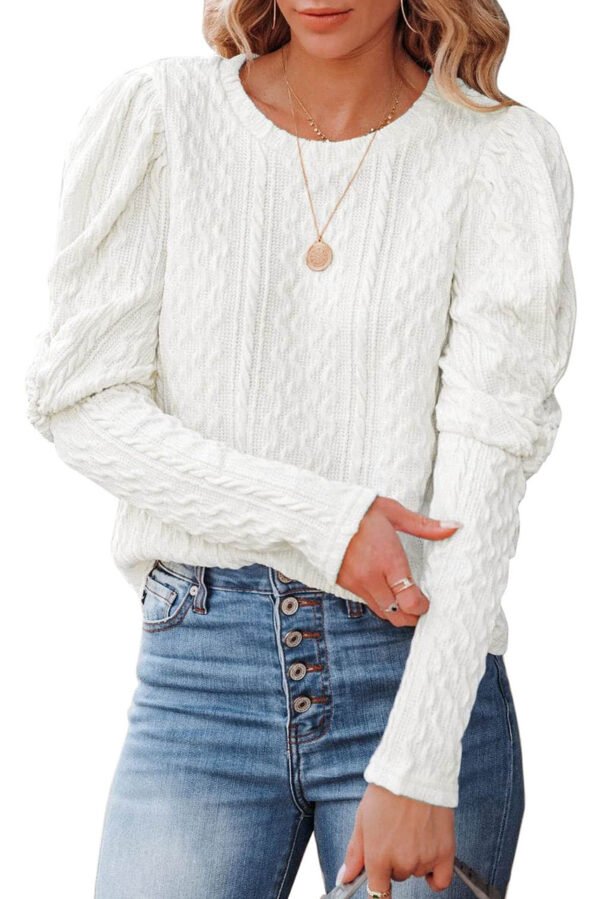 White Solid Color Puffy Sleeve Textured Knit Top