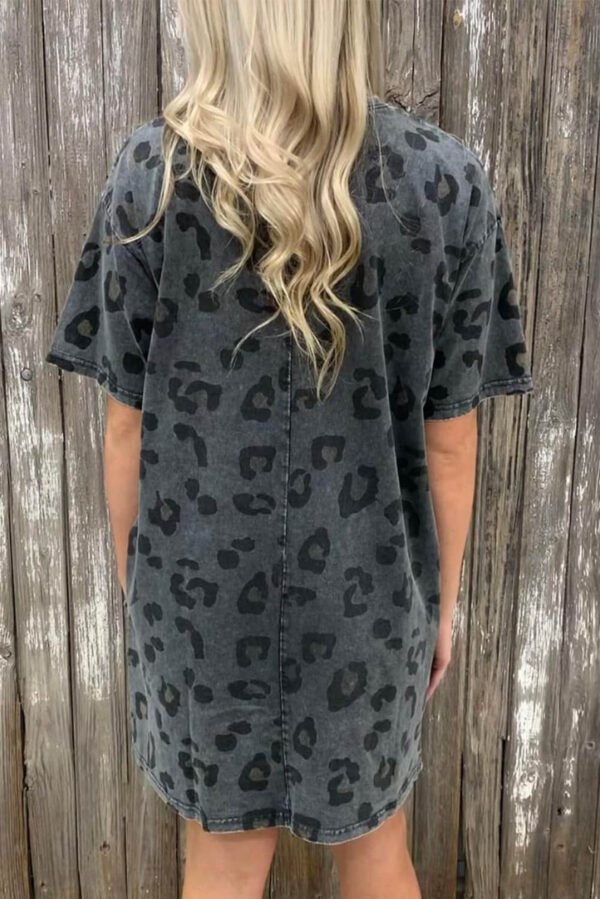 Gray Vintage Washed Leopard T-Shirt Dress with Pockets