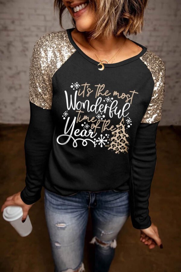 Black Wonderful Christmas Season Graphic Sequin Shoulder Top