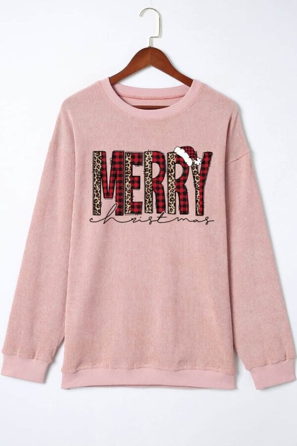 Pink MERRY Christmas Plaid Leopard Print Corded Sweatshirt