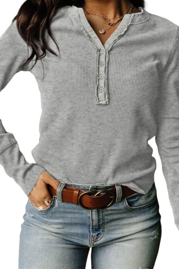 Gray Trimmed Neckline Waffle Knit Henley Top