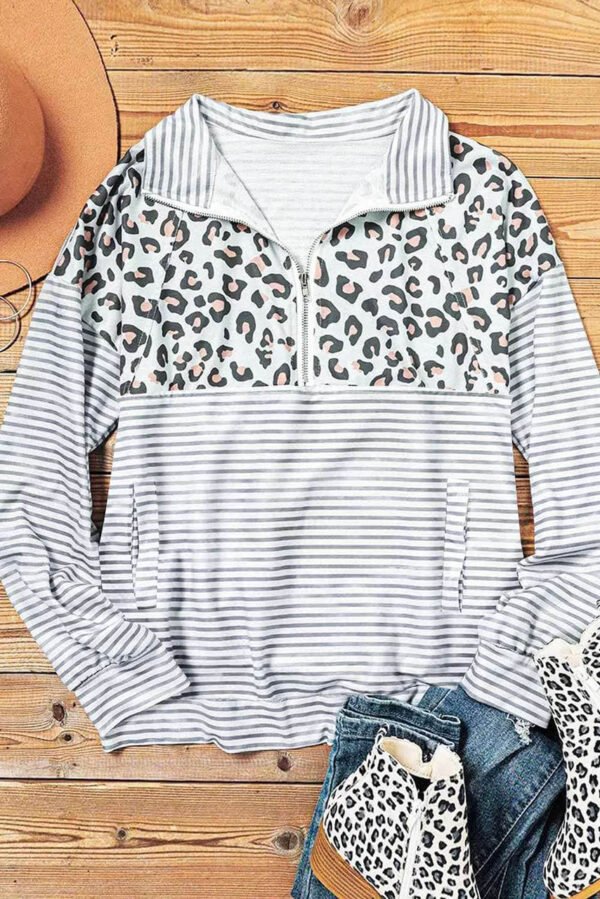 Leopard Splicing Zipper Collar Striped Sweatshirt