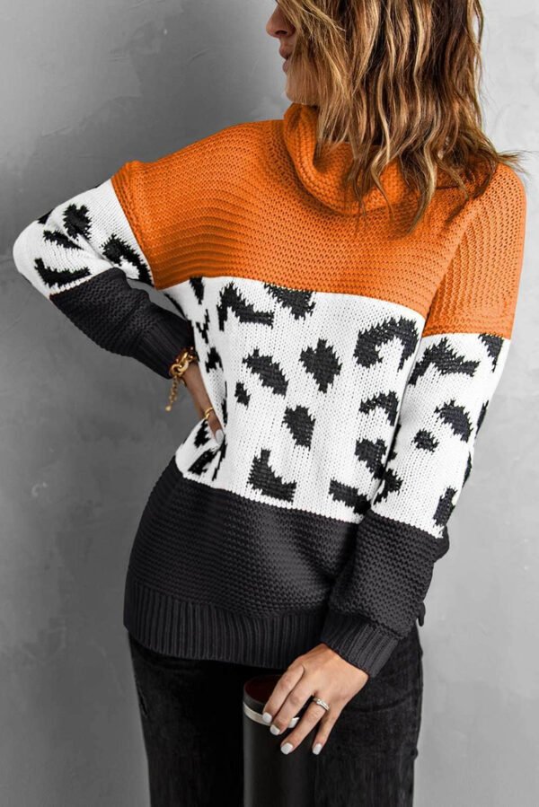 Orange Turtleneck Splicing Chunky Knit Pullover Sweater